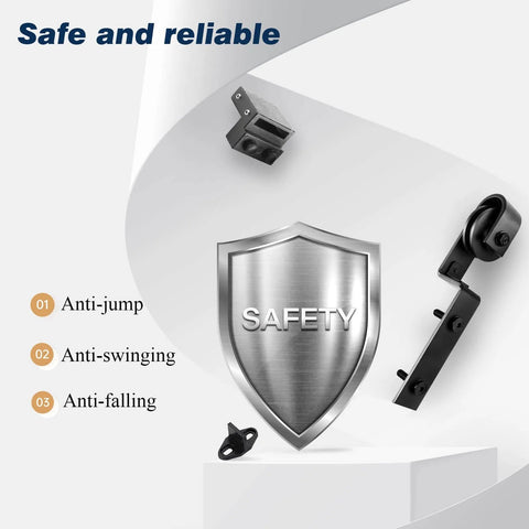 Safety features of Effortless 5 Ft Bypass Double Sliding Barn Door Hardware Kit with shield and hardware components