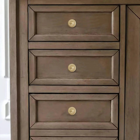 2 Pack 2.5 Inch Brushed Brass Cabinet Knobs With Vintage Backplates For Cabinets Doors And Drawers installed on wooden dresser