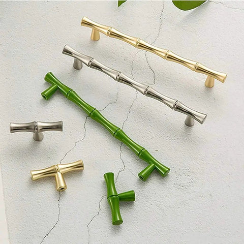 Bamboo Shape Solid Zinc Alloy Cabinet Knobs Set Of 6 In Golden Finish For Dresser Drawers Cupboards And Closets, assorted colors