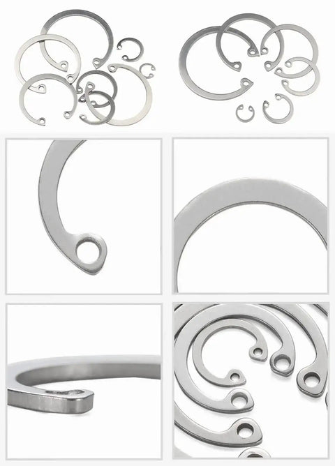 Internal Snap Ring Assortment Kit, 200Pcs 304 Stainless Steel Circlip Retaining Rings, 8mm to 26mm Sizes, front and close-up views
