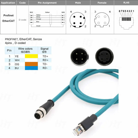 Industrial M12 D-Coded Ethernet Cable 4 Pin Male To RJ45, CAT5e Shielded PVC, 50 Meter Length For Keyence Omron Datalogic