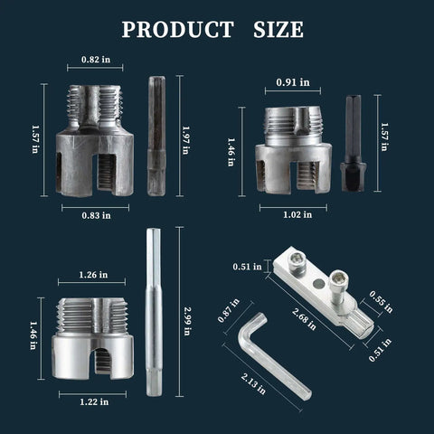 Product size chart for All In One 5 Piece Plumbing Threading Tool Kit With 1 Inch Die 3/4 Inch Die 1/2 Inch Die And Broken Bolt Extractor