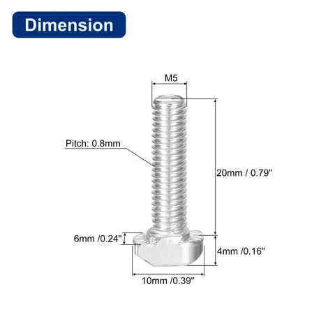 Dimensions of Hammer Head T Slot Bolts Set M5 X 20mm For 2020 Series Aluminum Extrusion Profiles Drop In Screw Studs