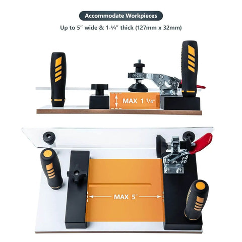 Image of Pro Grade Rail Coping Sled For Router Tables And Jigs, Delivers Precise Cabinet Door Joints And Drawer Front Cuts, End Grain Blowout Prevention, Adjustable Clamps For Stable, Cleaner Routing On Rail And Style Doors, showing measurements for accommodating workpieces up to 5 inches wide and 1-1/4 inches thick.