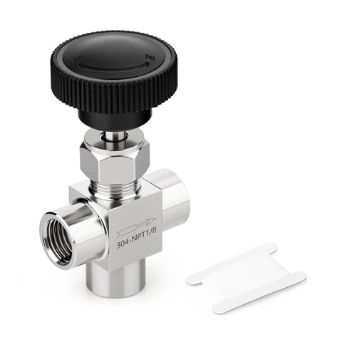 3-way needle valve, 304 stainless steel, 1/8 NPT female ports, for flow control of water, gas, or oil