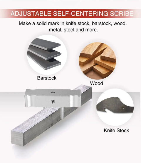 Aluminum Self Centering Scribe Doweling Jig for marking centerlines on knife stock, barstock, wood, and metal by SixCow.