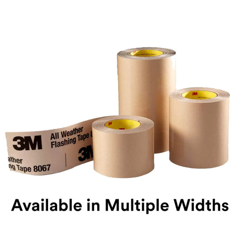 Three rolls of All-Weather Adhesive Flashing Tape 8067, 3 in x 75 ft, featuring split liner waterproof seal.