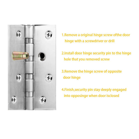 Door Hinge Security Screws 10 Pack For Anti Tamper Hinges And Pins shown installed on a door hinge with installation instructions