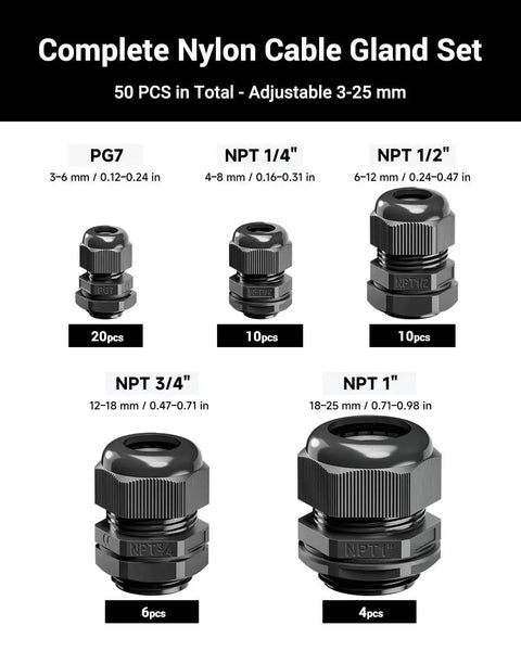 All Purpose Nylon Waterproof Cable Gland Kit 50 Pcs IP68 With PG7 NPT One Quarter Inch One Half Inch Three Quarter Inch One Inch Threads