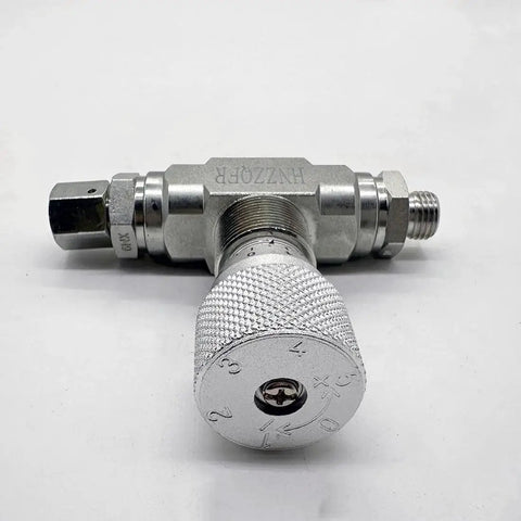 Close-up of Tubular Hydraulic Bidirectional Flow Control Restrictor Valve STB G3 8 with L08 Connector showing scale markings.