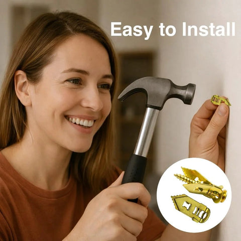 Woman installing 120 Piece Self Drilling Drywall Anchors With Screws Kit In Zinc Plated Steel using a hammer on a wall