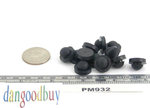 Push In Ridged SBR Rubber Bumper Foot Black, 9/16 Inch Diameter, scattered next to coin and ruler for scale, pack of 6.