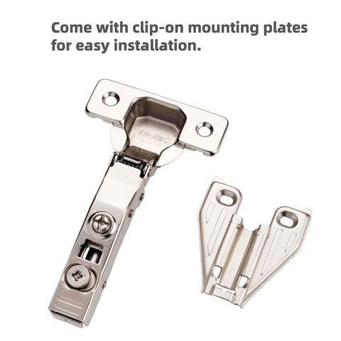 DecoBasics 2-pack full-overlay soft-close cabinet hinges; 105° face-frame concealed hinge with clip-on plates and screws