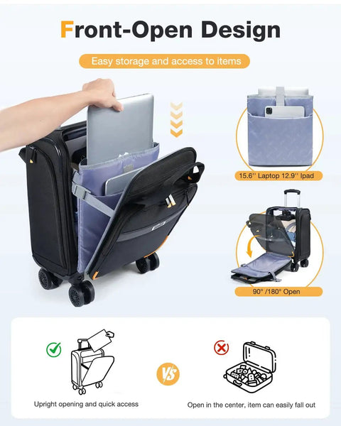 Underseat Carry On Luggage 16 Inch Softside with Detachable Spinner Wheels showing front-open design for easy access