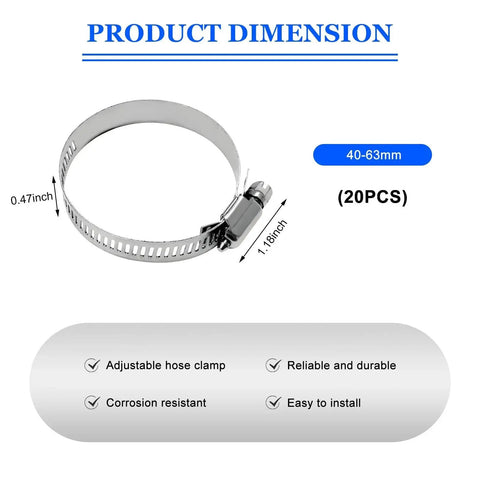 Image showing 20 Piece Stainless Steel Hose Clamp Set From One And A Half Inch To Two And A Half Inch Worm Gear Clamps with dimensions labeled.