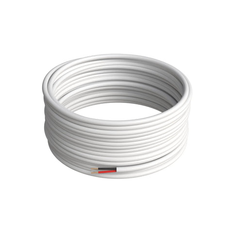 Coiled white 18/2 alarm cable, solid CCA, 500 ft spool, two conductors with red and black insulation