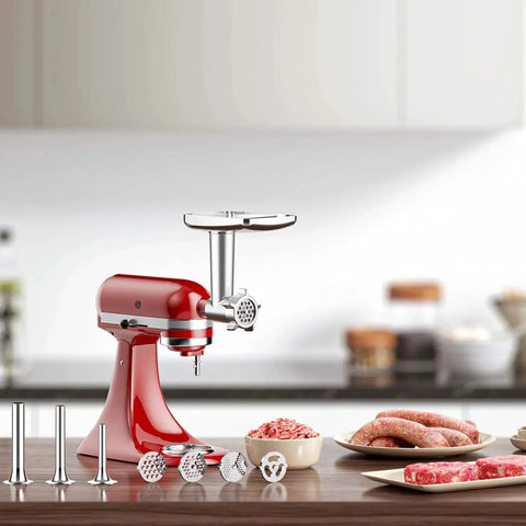 Metal Meat Grinder Attachment For KitchenAid Stand Mixers With Four Grinding Plates Two Grinding Blades And Three Sausage Tubes Includes All You Need For Fresh Ground Meat Grinds Like A Champ For Home Cooks Fits Cuisinart SM 50 Series on a countertop
