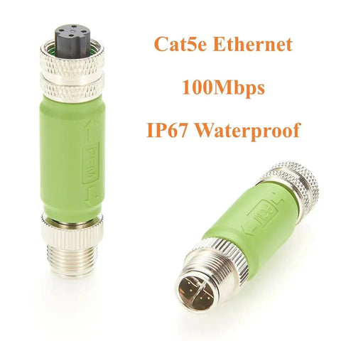 M12 X Code Male To M12 D Code Female Shielded Ethernet Adapter Cat5e 100Mbps for PLCs IP67 waterproof, close-up view