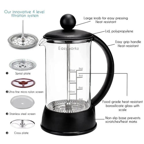 French Press Coffee And Tea Maker 12 Oz with Borosilicate Glass and Four Level Filtration System displayed with parts labeled.