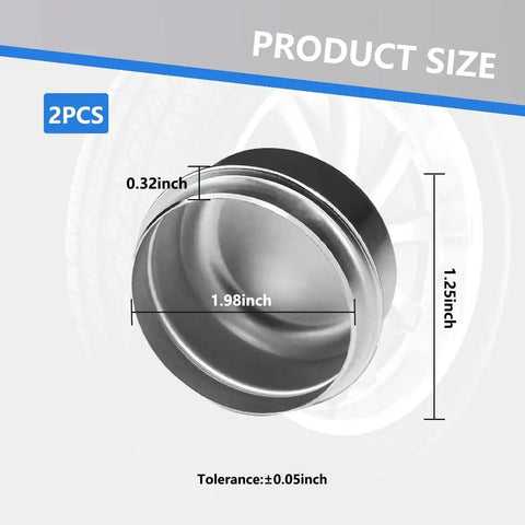 2 Pack 1.98 Inch Trailer Hub Dust Caps Replacement dimensions, showing steel material and measurements for trailer axles