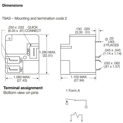 Dimensions and terminal diagram of Heavy Duty 30A High Breaking Capacity PCB Or Panel Mount Relay Form A NO 4 Pin for HVAC.