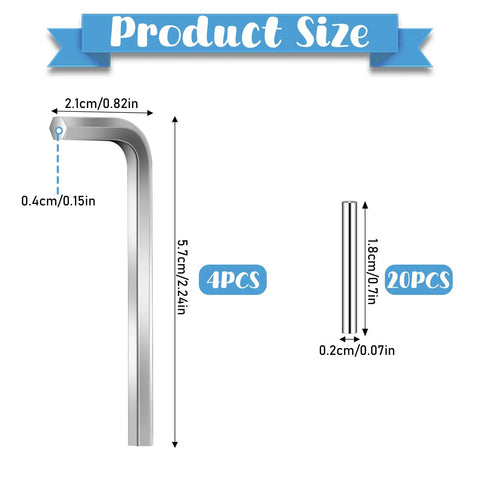 Product size of Spring Hinge Tension Pin Replacement Kit with 20 stainless steel shelf pins and 4 hex wrenches dimensions