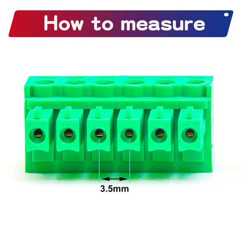 3.5mm Pitch Phoenix PCB Screw Terminal Block Connector Pack of 5, shown with measurement guide for pin spacing