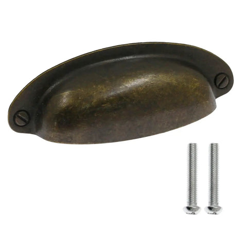 8 Pack 3.5 Inch Center Vintage Farmhouse Cup Pull Handles in Flat Bronze with screws for cabinets, dressers, drawers, and bins.