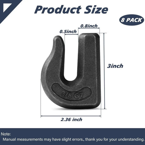 Eight Pack Weld On Chain Grab Hooks 3/8 G70 Forged Heavy Duty 6600 Lb WLL, 3 inch by 2.36 inch size specifications shown