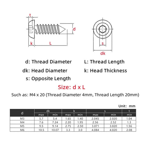 Diagram and table showing dimensions for Heavy Duty Self Tapping Wood Screws Set M3 M4 M5 M6 Hex Pan Head, Nickel Plated 8.8 Grade.