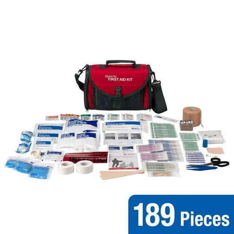 All In One Sports Coach First Aid Kit In A Durable Duffel Bag With 189 Pieces including bandages scissors and gauze displayed