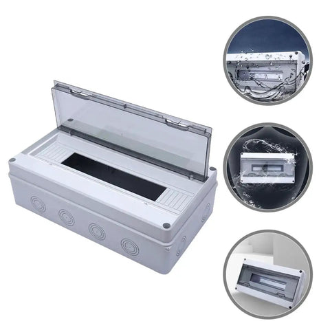 Weatherproof 18-Circuit Outdoor Electrical Junction Box With Distribution Panel Enclosure For Home And RV Use, shown open and closed with water test.