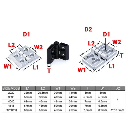 Heavy Duty Ball Bearing Door Hinges For Aluminum Profiles 2020 3030 4040 Black Stainless Steel Construction Quiet Close With Two Ball Bearings Ideal For Aluminum Profile Extrusion Feyoth Ideal For Industrial Use, diagram with measurements and white background