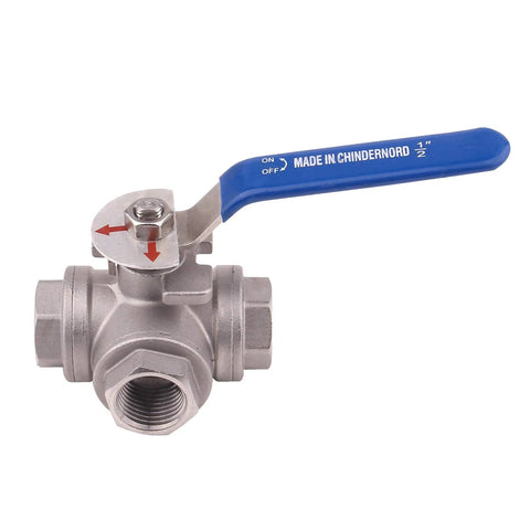 DERNORD 3-way ball valve with L-mounting pad, stainless steel 304, 1/2 in NPT female ports, blue vinyl locking handle