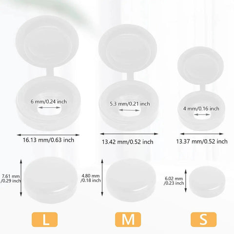 Comparison of three white hinged screw cover caps in sizes L, M, S with 200 Pack White Hinged Screw Cover Caps Made From Durable Plastic description.