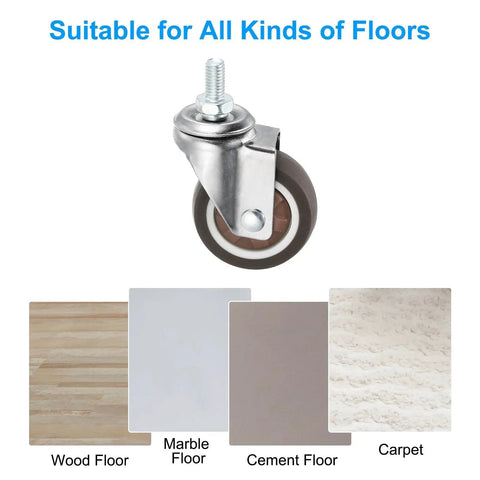 2 Inch Stem Casters 4 Pack Low Profile TPR Swivel Wheels threaded M8 x 15mm for all floor types, wood, marble, cement, carpet.