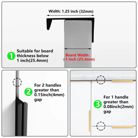 Diagram showing fitting details of 30 Pack Matte Black Concealed Tab Cabinet Pulls For Kitchen Cabinets And Drawers 5.9 Inch Length Hidden Finger Pulls With Modern Edge Mount Hardware For Cabinets Dresser And Wardrobe, with board width and gap measurements.