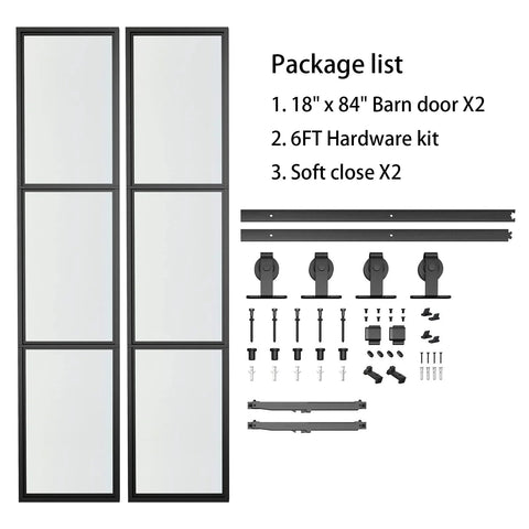 Two Sets Of 18 Inch By 84 Inch Three Paneled Frosted Glass Double Barn Doors With Carbon Steel Frame And Hardware Kit Soft Close Included Easy To Install shown with hardware.
