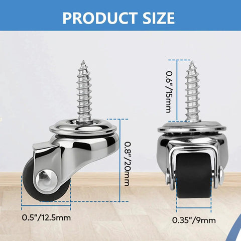 4 Pack Mini Stem Caster Wheels With One Half Inch M4 Screw Stem Swivel Casters, size dimensions, front and side view