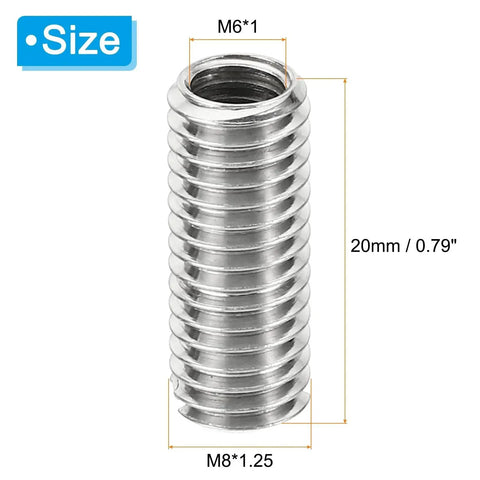 Stainless steel threaded reducer sleeve, M8x1.25 male to M6x1 female, 20mm long