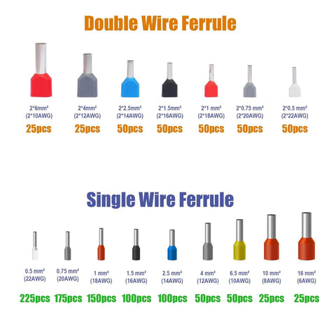 Image of 1200-Piece Wire Ferrule Kit With 900 Single Line Ferrules And 300 Twin Barrel Ferrules in various sizes and colors.