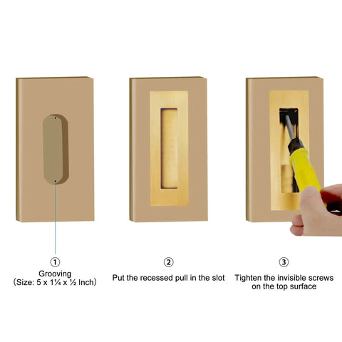 Installation steps for Recessed Finger Flush Pulls For Pocket And Sliding Barn Doors In Brushed Gold Stainless Steel