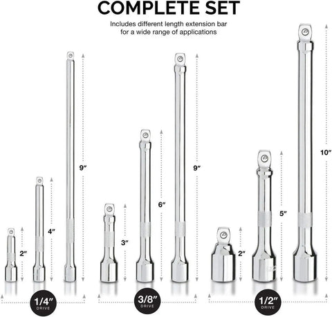 Nine Piece Grab And Go Wobble Extension Bar Set for Sockets With 16 Degree Convex Anvil, Chrome Vanadium Steel Construction, Fits One Quarter Inch, Three Eighths Inch, and One Half Inch Drive Ratchets displayed in varying lengths