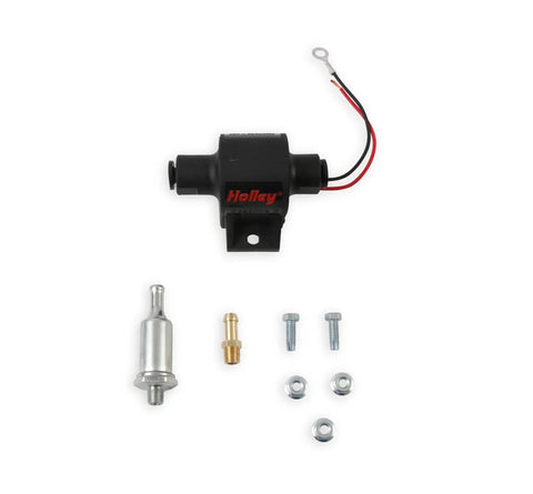 Mighty Mite 12V Electric Fuel Pump with 32 GPH Flow, 4-7 PSI, solid state design for hot rods and street machines, shown with components.