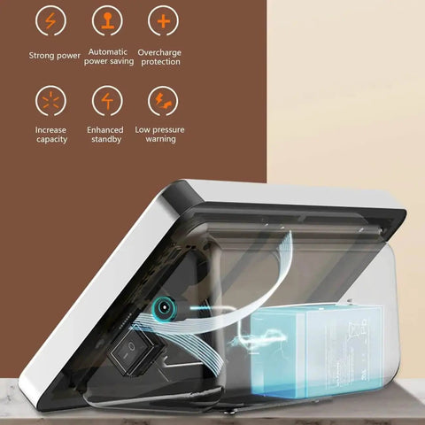 Device with transparent casing showing internal battery and wires, labeled with features like power saving and overcharge protection.
