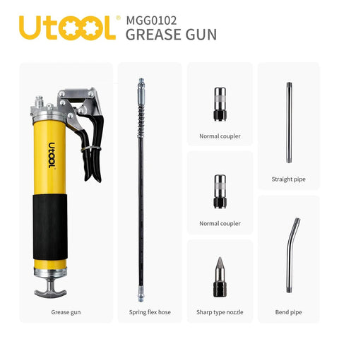 UTOOL grease gun kit, yellow pistol grip with 18in resin hose, 14 oz, includes two couplers and two extension pipes.