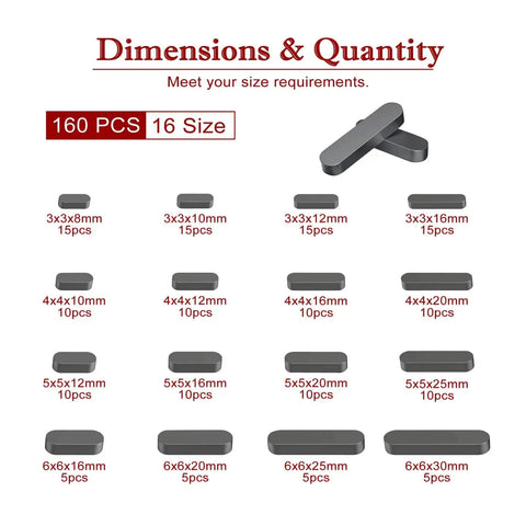 Woodruff Key Assortment Set 160 Pcs 15 Sizes For Engines and Gearheads size chart with key quantity and dimensions