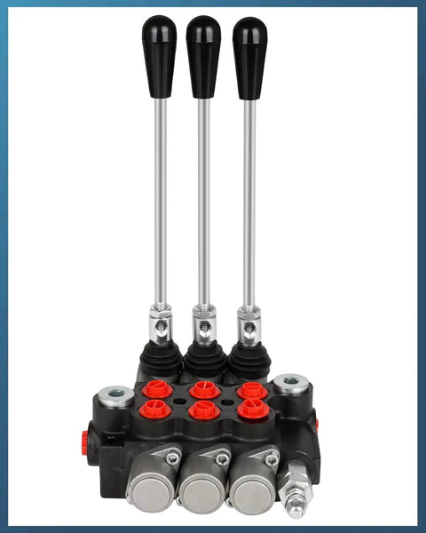 Front view of Beefy Three Spool Hydraulic Flow Control Valve for Tractor Loaders and Log Splitters, 11 GPM at 3600 PSI, G Port Inlet and Outlet.