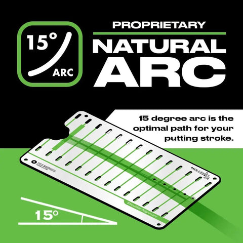 Image of a dual sided golf putting mirror and alignment tool showcasing a 15-degree natural arc for putting practice.