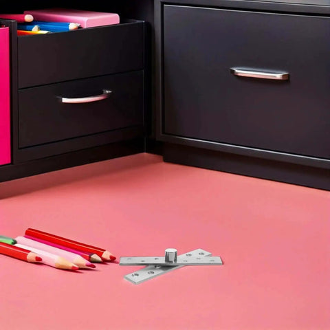 6 Pack Invisible Pivot Hinges With 360 Degree Rotation on pink surface, near colored pencils and black cabinet